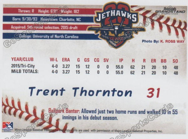 2016 Lancaster JetHawks Trent Thornton Back of Card