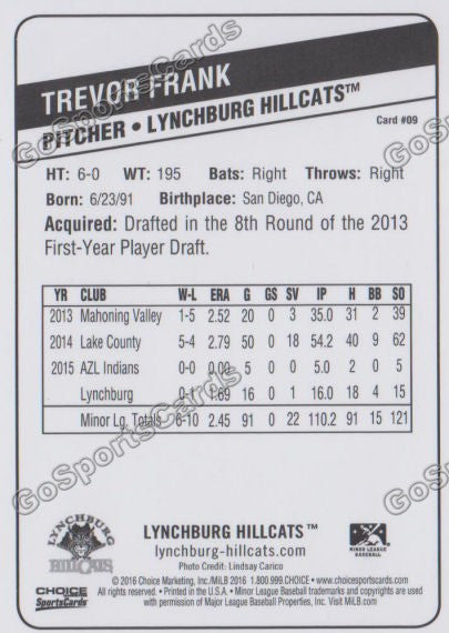 2016 Lynchburg Hillcats Trevor Frank  Back of Card