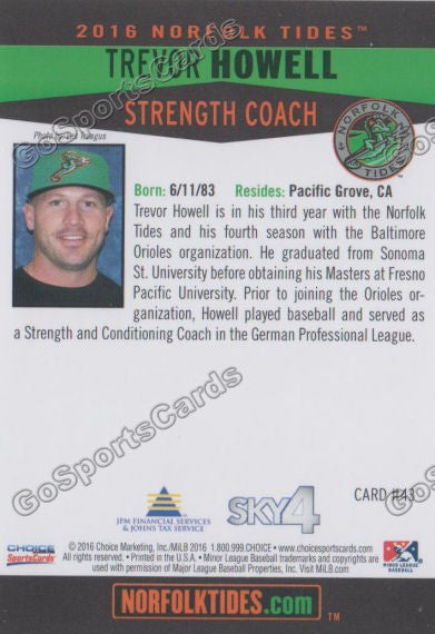 2016 Norfolk Tides Trevor Howell Back of Card