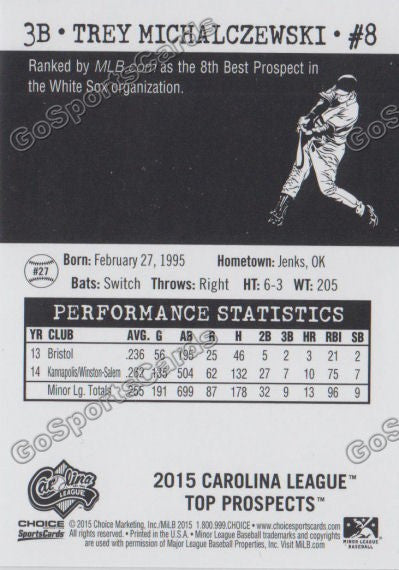 2015 Carolina League Top Prospect Trey Michalczewski  Back of Card