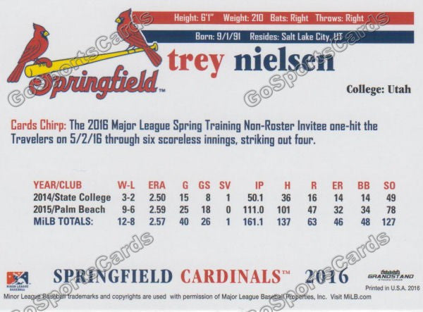 2016 Springfield Cardinals Trey Nielsen Back of Card