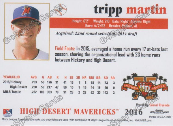 2016 High Desert Mavericks Tripp Martin Back of Card