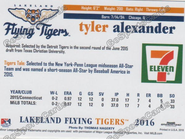 2016 Lakeland Flying Tigers Tyler Alexander Back of Card