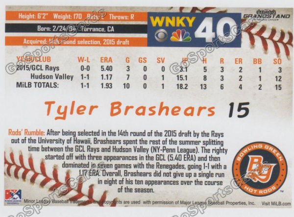 2016 Bowling Green Hot Rods Tyler Brashears Back of Card