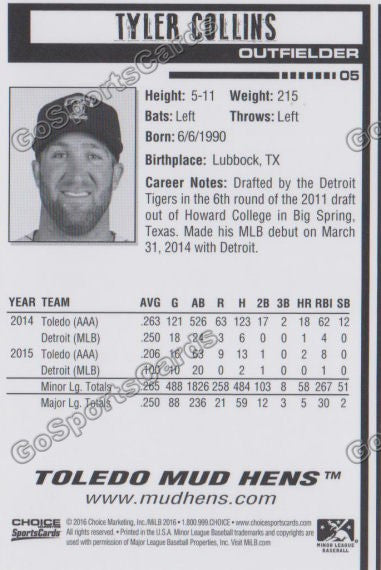 2016 Toledo Mud Hens Tyler Collins Back of Card