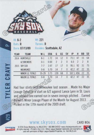 2016 Colorado Springs Sky Sox Tyler Cravy Back of Card