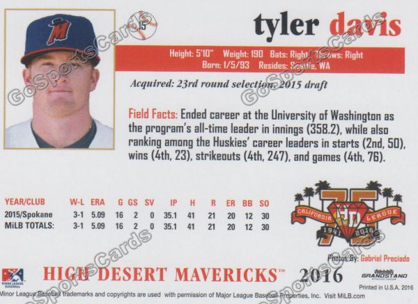 2016 High Desert Mavericks Tyler Davis Back of Card