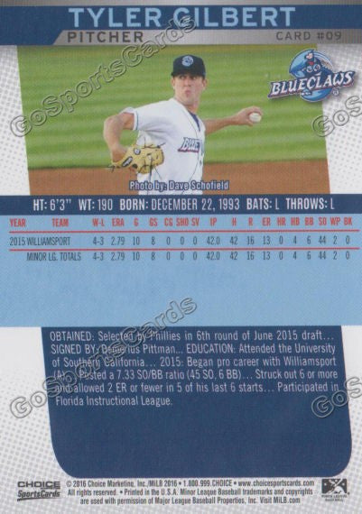 2016 Lakewood BlueClaws Tyler Gilbert Back of Card