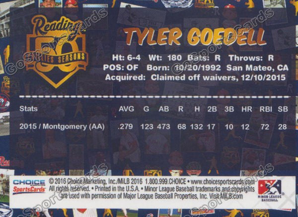2016 Reading Fightin Phils Top Prospect 25 Tyler Goedell  Back of Card
