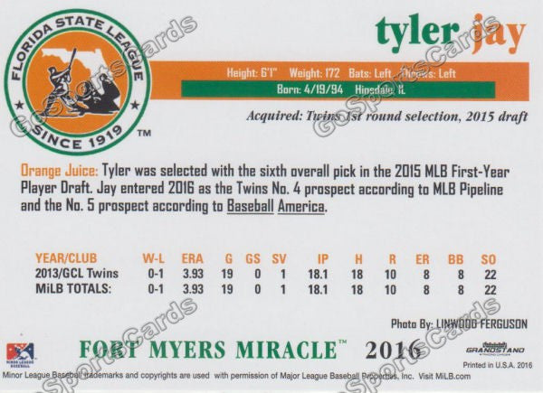 2016 Florida State League Top Prospect FSL Tyler Jay Back of Card