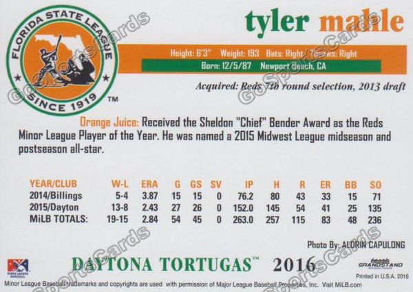 2016 Florida State League Top Prospect FSL Tyler Mahle Back of Card