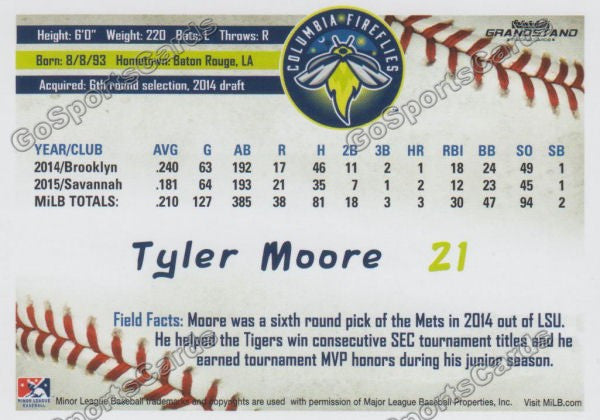 2016 Columbia Fireflies Tyler Moore Back of Card