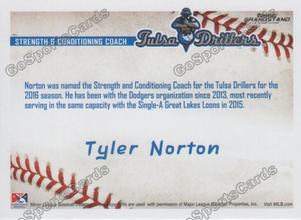 2016 Tulsa Drillers Tyler Norton Back of Card