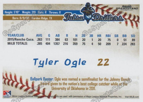 2016 Tulsa Drillers Tyler Ogle Back of Card