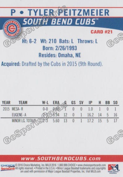 2016 South Bend Cubs Tyler Peitzmeier Back of Card