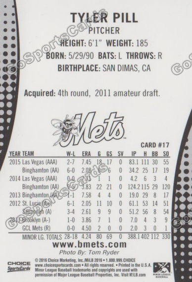2016 Binghamton Mets Tyler Pill Back of Card