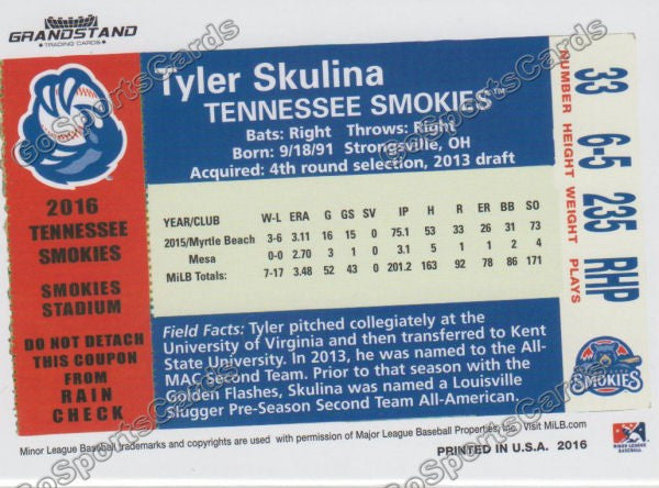 2016 Tennessee Smokies Tyler Skulina Back of Card