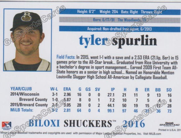 2016 Biloxi Shuckers Tyler Spurlin Back of Card