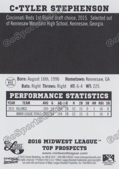 2016 Midwest League Top Prospect Tyler Stephenson Back of Card