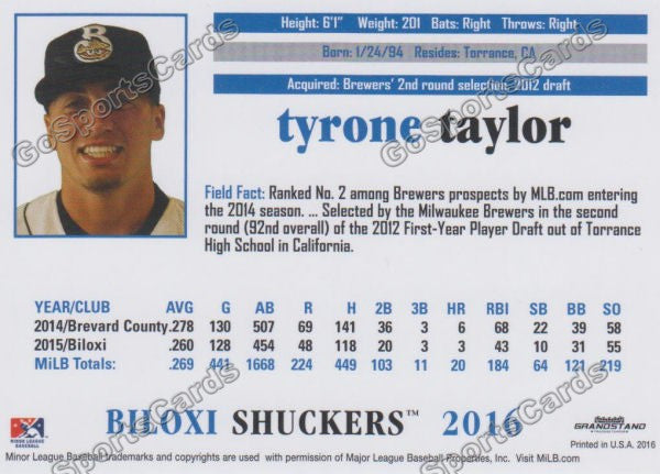 2016 Biloxi Shuckers Tyrone Taylor Back of Card