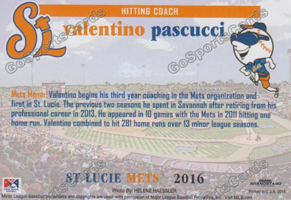 2016 St Lucie Mets Valentino Pascucci  Back of Card