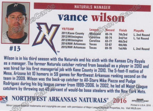 2016 Northwest Arkansas Naturals Vance Wilson  Back of Card