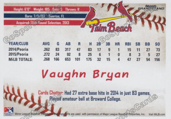 2016 Palm Beach Cardinals Vaughn Bryan  Back of Card