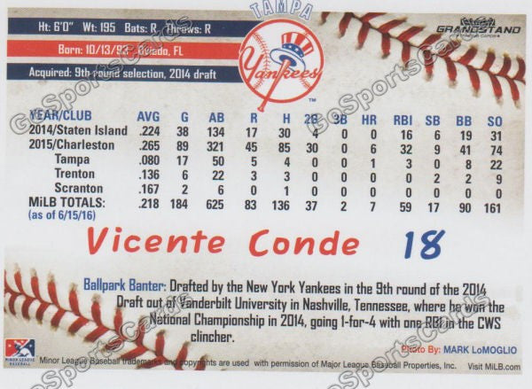2016 Tampa Yankees Vicente Conde Back of Card