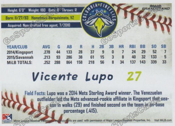 2016 Columbia Fireflies Vicente Lupo Back of Card