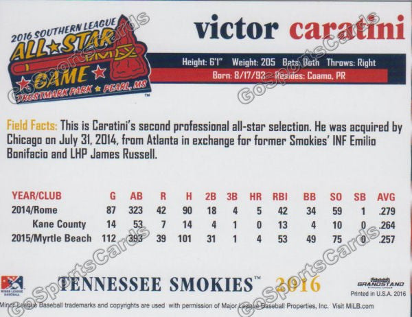 2016 Southern League All Star N Casey Gillaspie Back of Card
