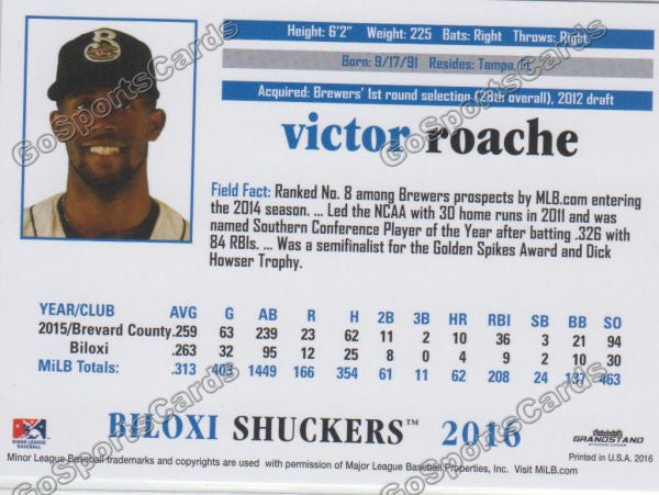 2016 Biloxi Shuckers Victor Roache Back of Card
