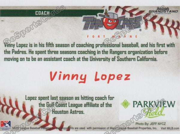2016 Fort Wayne Tin Caps Vinny Lopez  Back of Card