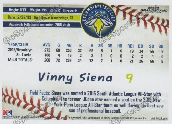 2016 Columbia Fireflies Vinny Siena Back of Card