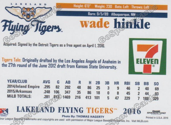 2016 Lakeland Flying Tigers Wade Hinkle Back of Card