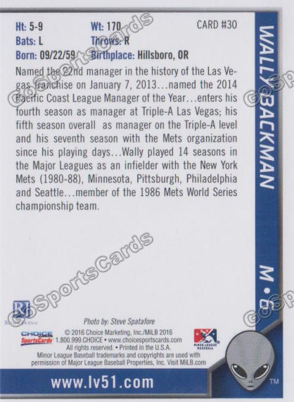 2016 Las Vegas 51s Wally Backman  Back of Card