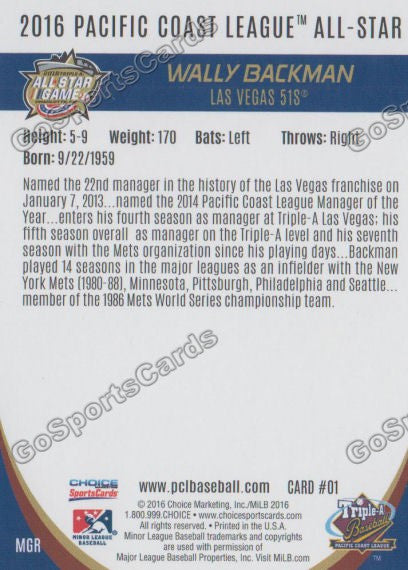 2016 Pacific Coast League All Star Wally Backman Back of Card