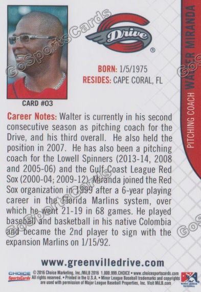 2016 Greenville Drive Walter Miranda Back of Card