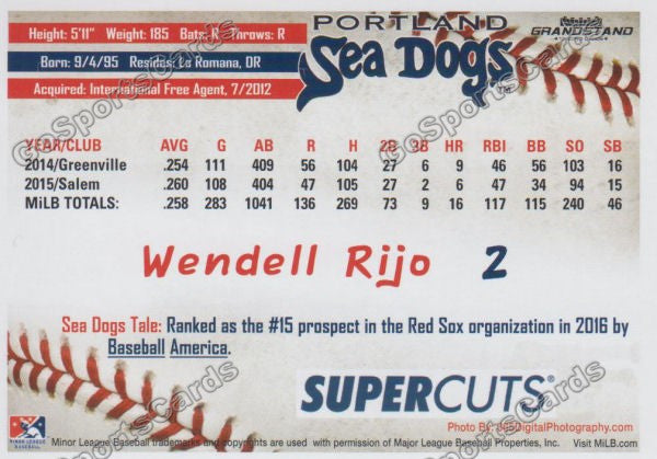 2016 Portland Sea Dogs Wendell Rijo Back of Card