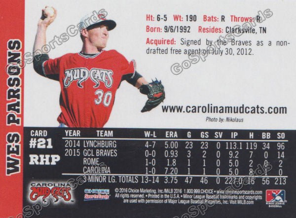 2016 Carolina MudCats Wes Parsons Back of Card
