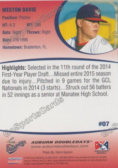 2016 Auburn Doubledays Weston Davis Back of Card