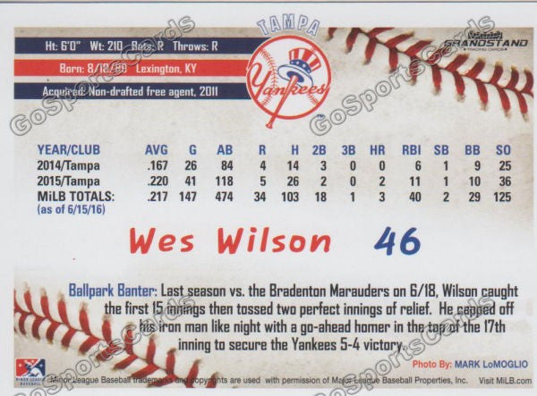 2016 Tampa Yankees Wes Wilson Back of Card