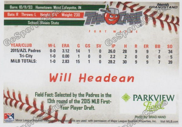 2016 Fort Wayne Tin Caps Will Headean  Back of Card