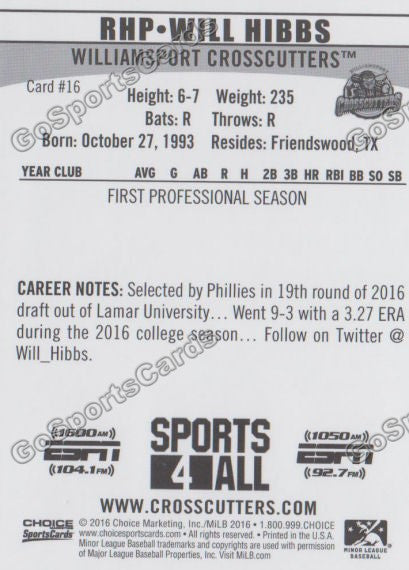 2016 Williamsport Crosscutters Will Hibbs Back of Card