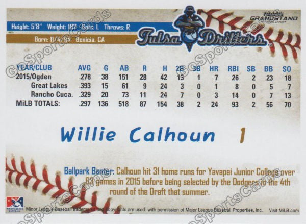 2016 Tulsa Drillers Willie Calhoun Back of Card