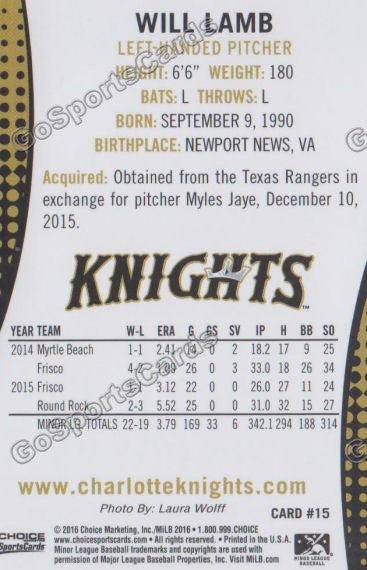 2016 Charlotte Knights Will Lamb Back of Card
