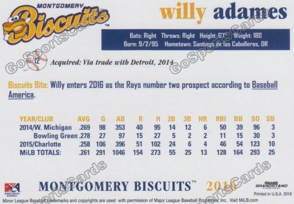 2016 Montgomery Biscuits Willy Adames  Back of Card