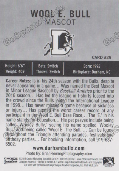  2016 Durham Bulls Wool E Bull Mascot Back of Card