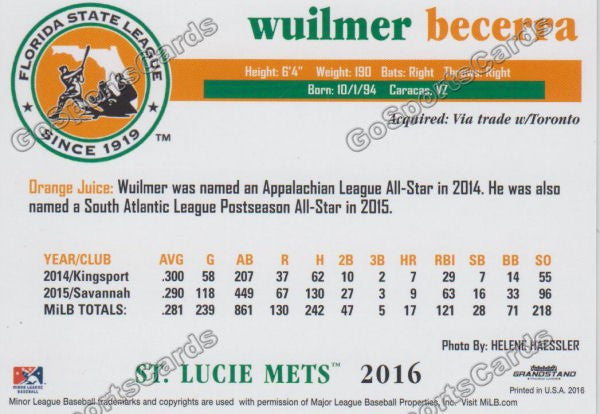 2016 Florida State League Top Prospect FSL Wuilmer Becerra Back of Card