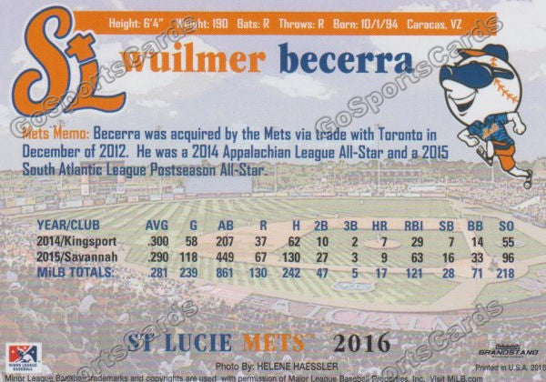 2016 St Lucie Mets Wuilmer Becerra  Back of Card