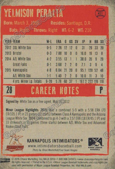  2016 Kannapolis Intimidators Yelmison Peralta Back of Card